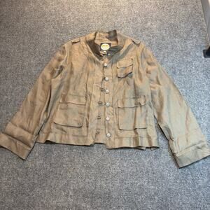 Alamwar Linen Womens Brown Button Safari Utility Field Blazer Jacket Large L